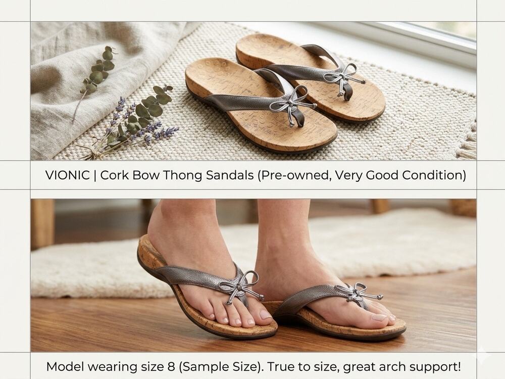 Vionic Women's Cassie Rock Pewter Silver Metallic Cork Bow Thong Sandals Size 9